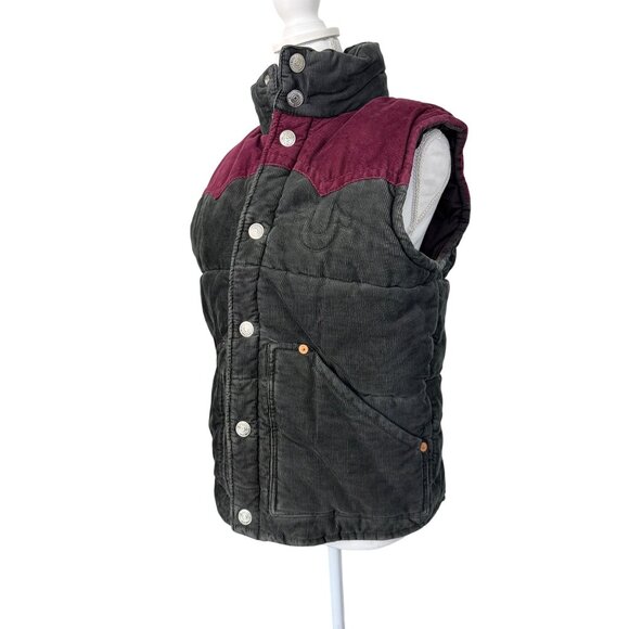 True Religion Mens M Corduroy Puffy Vest W/ Burgundy Yoke NWT Cowboy - Picture 1 of 15